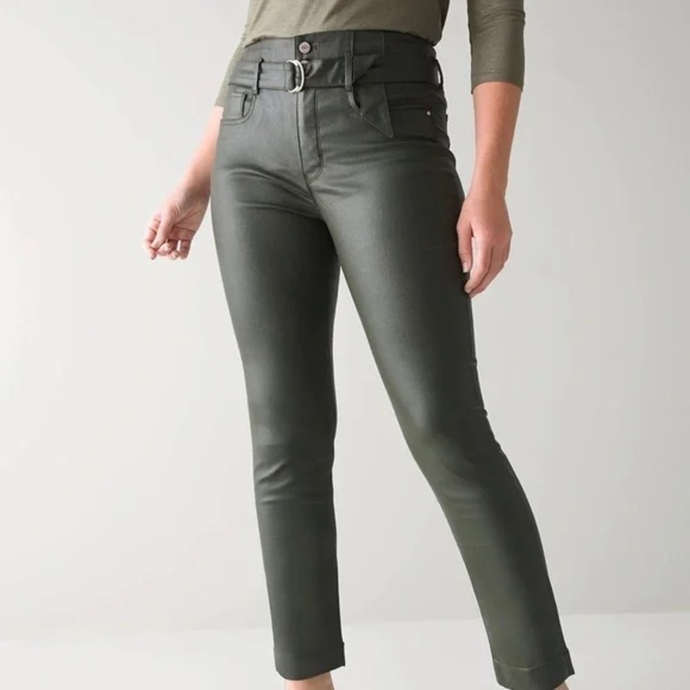 NWT New 14S 14 short Whbm coated denim jeans curvy fatigue green faux leather